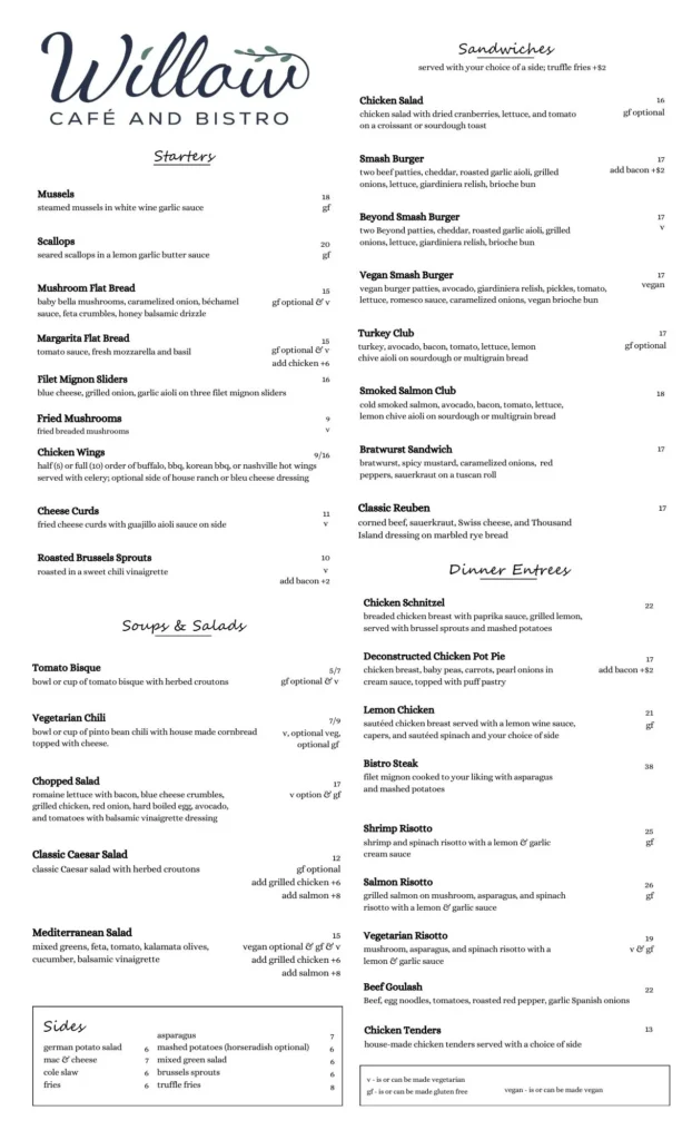 Willow Cafe Lincoln Square Dinner Menu and Lunch Menu